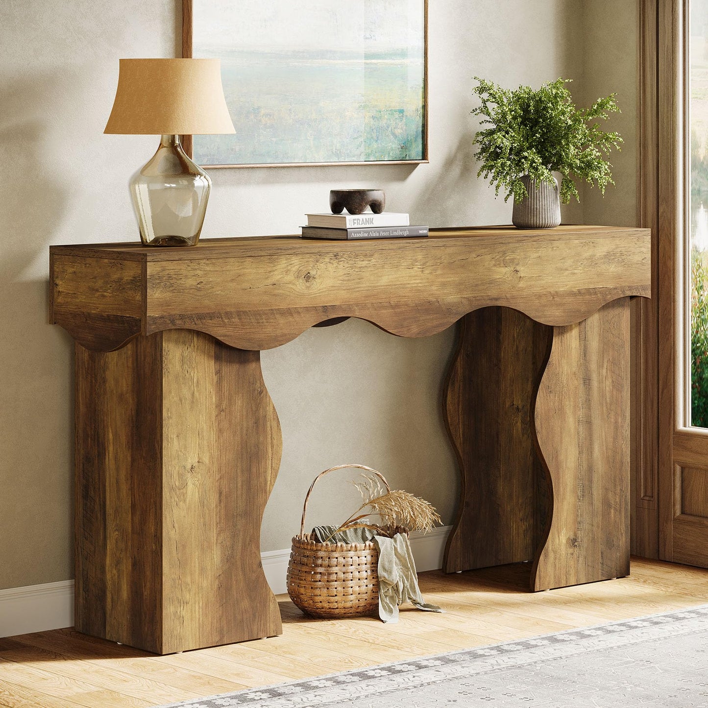 Tribesigns 55.1" Console Table, Farmhouse Entryway Table with Scalloped Edges, for Hallway Foyer Living Room Entrance, Behind Sofa, Brown