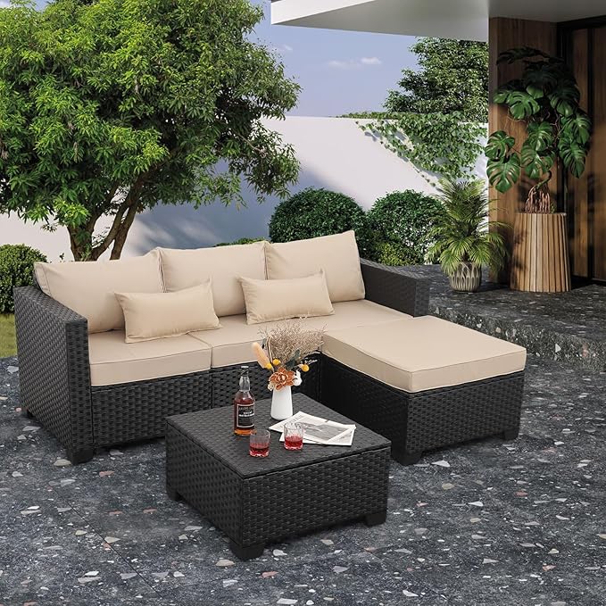 Outdoor Furniture Set 3 Pieces Wicker Patio Furniture Outdoor Sectional Patio Couch Outdoor Coffee Table with Storage All-weather Non-slip Cushions Waterproof Covers, Khaki