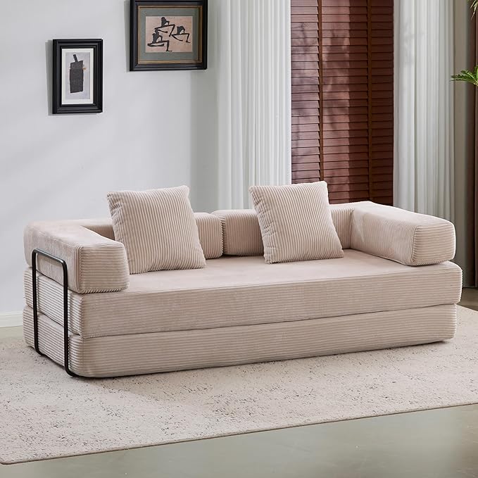 Convertible Couch Sofa Bed Foldable Floor Sleeper | Modern Fold Out Couch | Removable Backrest & Armrests | No Assembly Compression Sofa Sleeper for Living Room, Bedroom | Corduroy Fabric Beige