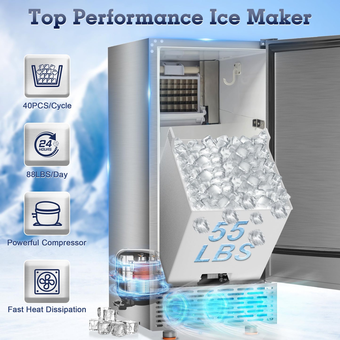 Ice Maker Commercial Under Counter Ice Maker Machine 88Lbs/Day with 55Lbs Storage, 15" W Stainless Steel Freestanding Ice Maker 40Ice/Cycle, Self-Cleaning for Home Restaurants Bars