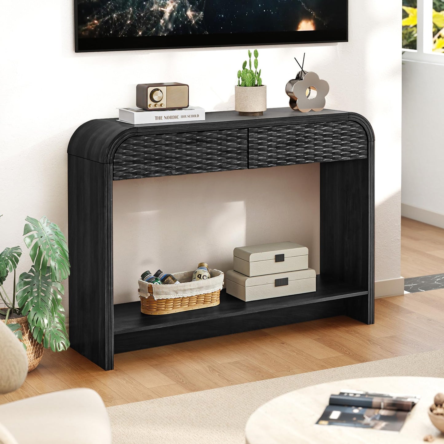 Entryway Table with Storage, Narrow Console Table with Drawers, 43.3'' Couch Table Behind Sofa Long and Skinny with Arc for Living Room TV, Hallway Entrance Foyer, Mid Century Black Carved Rattan