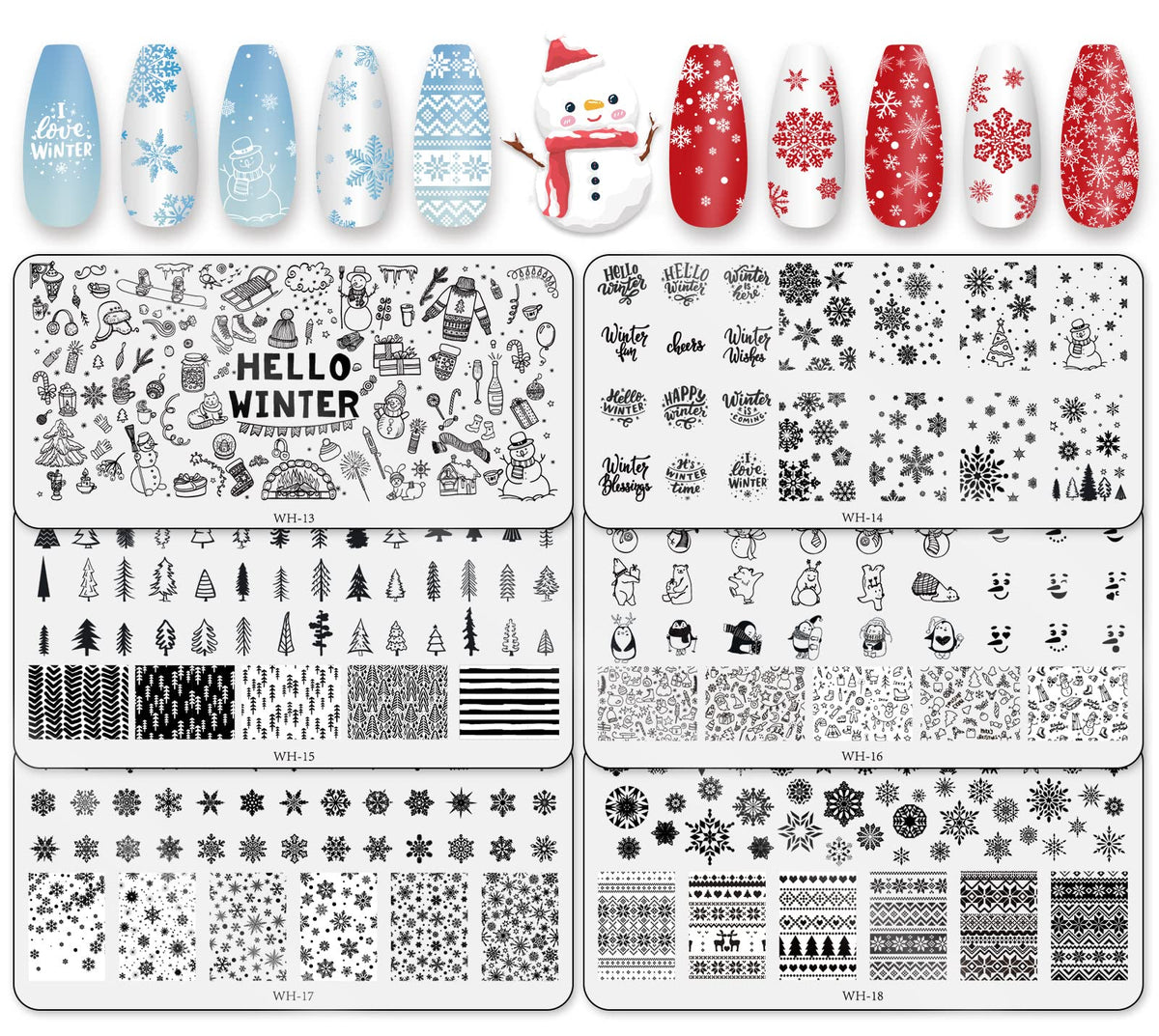 Whaline 6 Pieces Winter Nail Art Stamping Plates Kit Snowman Snowflake Pine Tree Sweater Image Stamp Templates Hello Winter Nail