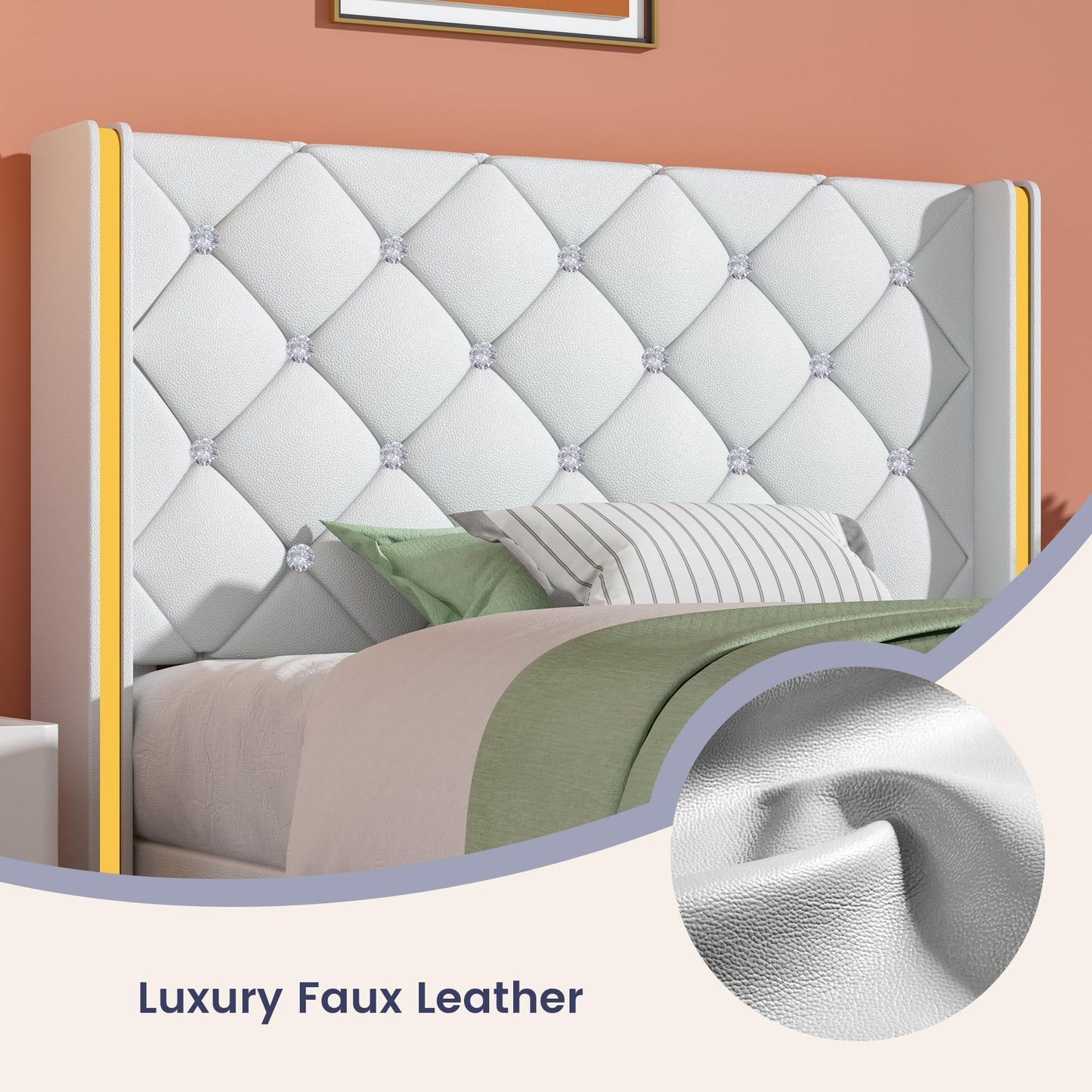 Twin Bed Frames with Headboard, Upholstered Platform Bed with Wingback Design, Modern Diamond Bed Frame with Tufted Deep Button, No Box Spring Needed, Easy Assembly, White