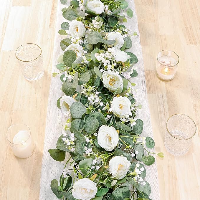 TOCHGREEN 2 Pack 13Ft Artificial Eucalyptus Flower Garland with White Roses, Fake Rose Flower Greenery Garland Floral Vine...