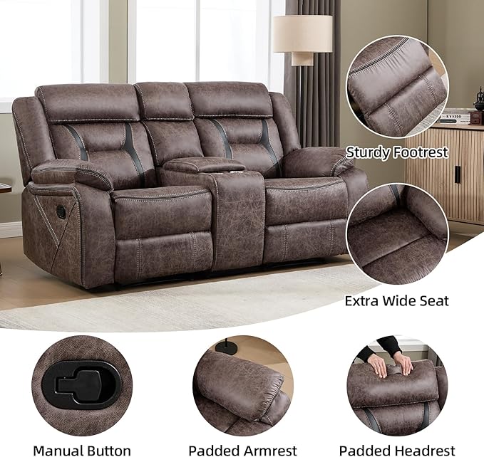 EBELLO Faux Leather Manual Loveseat Recliner, 2 Seat Reclining Sofa Chair with Center Console, Hidden Storage and Cup Holders, Daul Recliner for Living Room, Meeting Room, Grey (Loveseat)