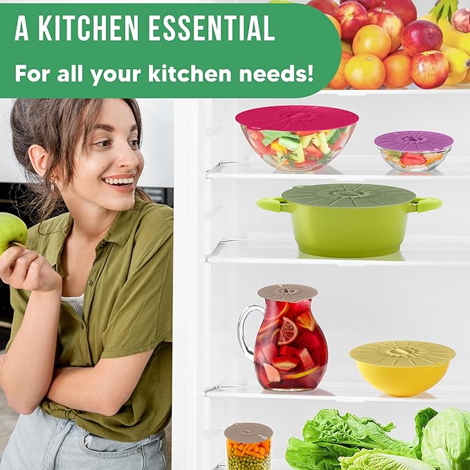 Silicone Lids for Food Storage - 5 Pack - 5 Sizes - Food Grade - Reusable Silicone Bowl Covers for Pots and Pans - Microwave Splatter Cover - Fits Cups, Plates,-Stove, Oven, Fridge, Dishwasher Safe