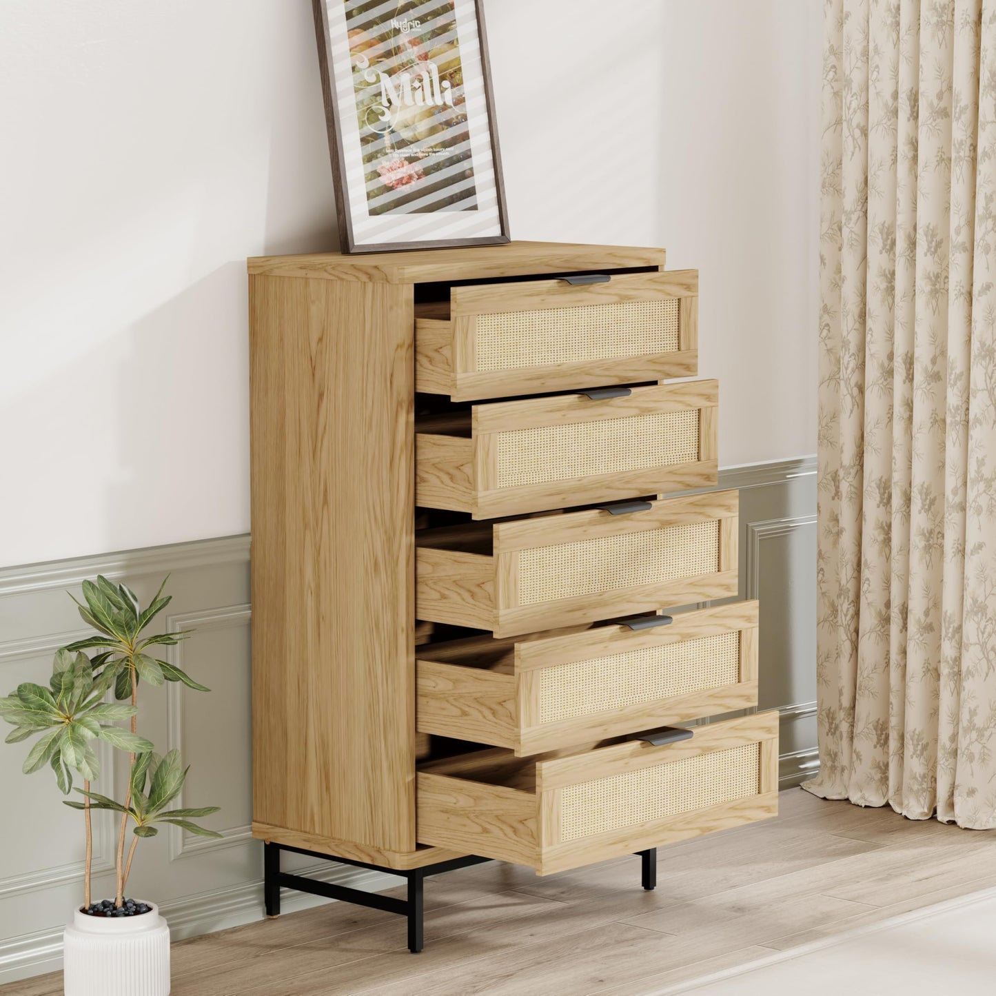 ALBSL 5-Drawer Dressers,Tall Dresser Vertical Storage Tower for Bedroom,Rattan Chest of Drawers Organizer Unit with 5 Drawers, Storage Cabinet for Hallway,Living Room and Entryway,Natural