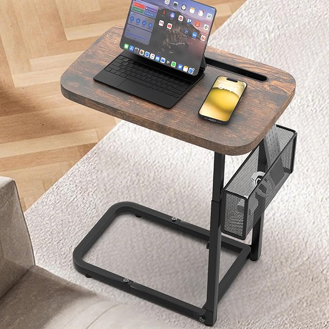 Fashion TV Tray Table with Large Tabletop, Adjustable Sofa Table with Storage Baskets, Strong Metal Frame, Tv Dinner Tray ...
