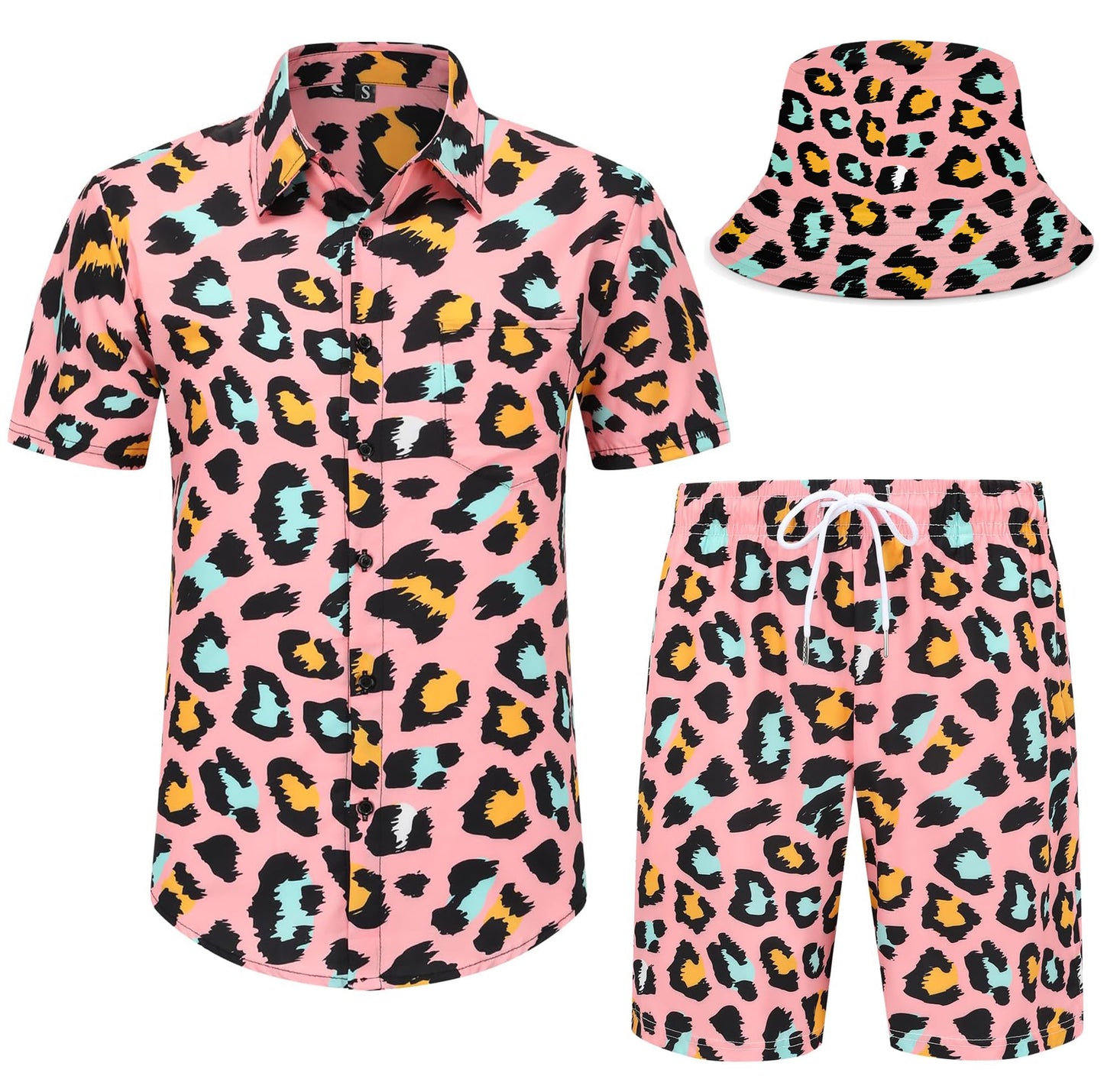 Spanoous Men's 2 Piece Tracksuits Rave Outfit Pink Leopard Print Shirt and Shorts Set with Bucket Hats 02-S