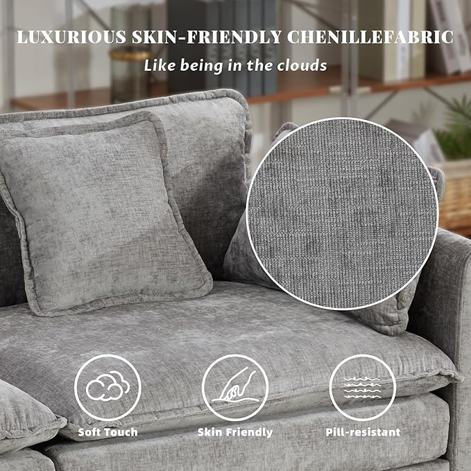SoarFlash Chenille 77.95" Sectional Sofa, Comfy L Shaped Modular Coush Sofa with Ottoman, Modern 2 Seat Couch Deep Seat Sofa Set for Living Room,Grey