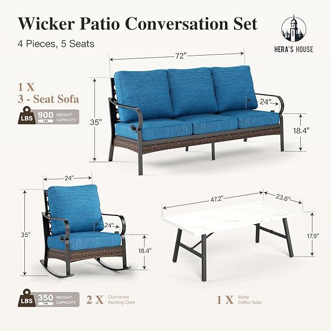 HERA'S HOUSE 4 Piece Metal Patio Furniture Set, All Weather Outdoor Conversation Set with 3 Seat Sofa, 2 Rocking Chairs & Coffee Table, Seats 5 for Backyard, Garden, Deck, Pacific Blue