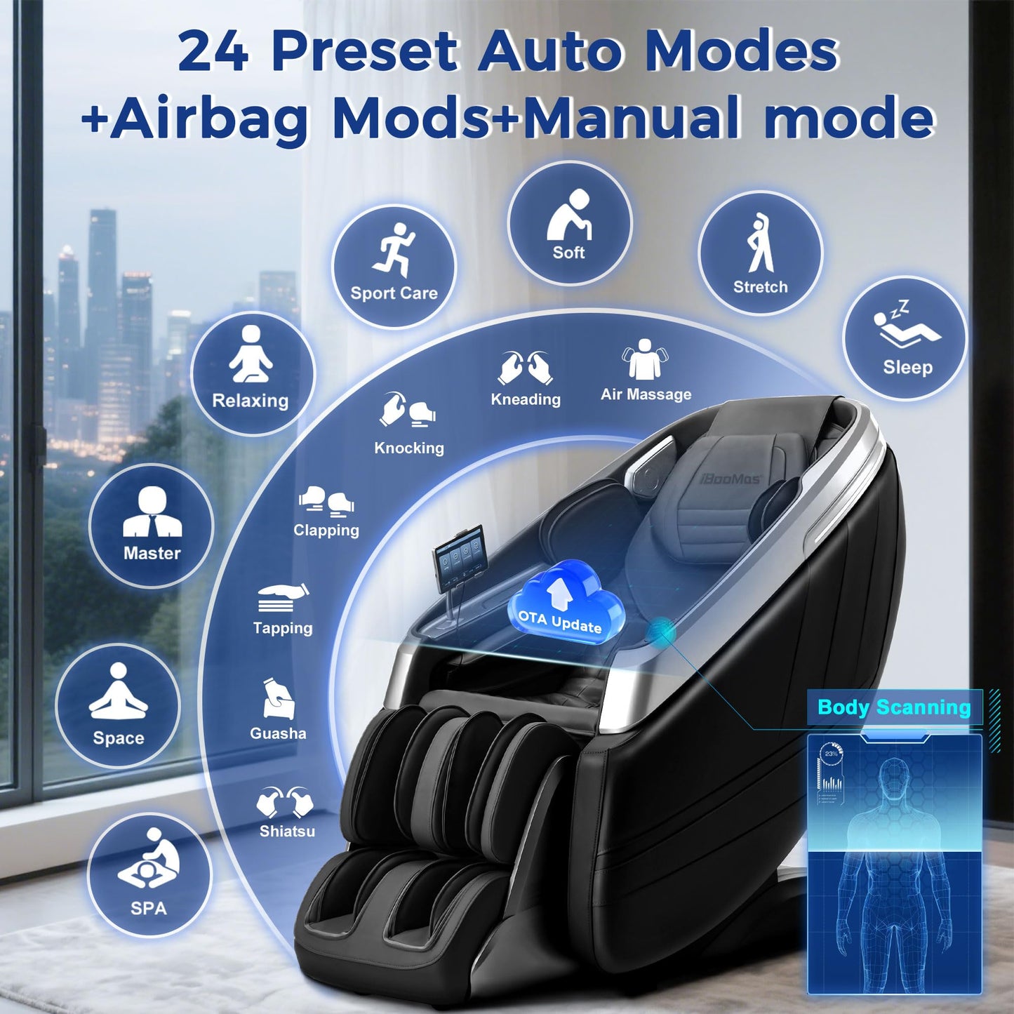 iBooMas P03 4D Massage Chair Full Body, Touchscreen & AI Voice, Zero Gravity SL-Track Recliner with APP OTA Auto-Evolving Modes, Fascia-Level Deep Tissue Shiatsu, No Assembly, Plug & Play (Black)