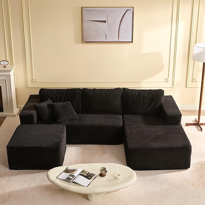 Afuson 107" Boneless Couch with Deep Seat, Modular Sectional Sofa, Cloud Sectional Couch for Living Room, No Assembly Required, Corduroy, U-Shape 3 Seater Right, Black