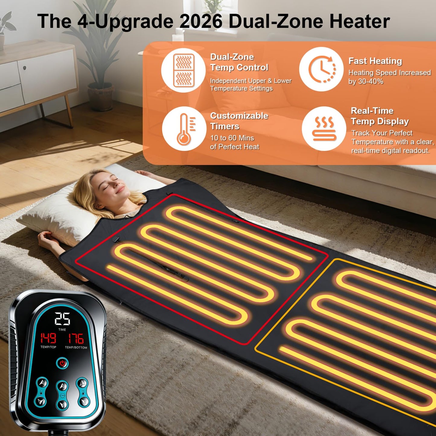 GENERAL ARMOR Dual-Zone Far-Infrared Sauna Blanket for Home Wellness – 176°F Fast Heating, Full-Body Detox, Muscle Recovery & Relaxation, Adjustable Temperature Timer, Portable