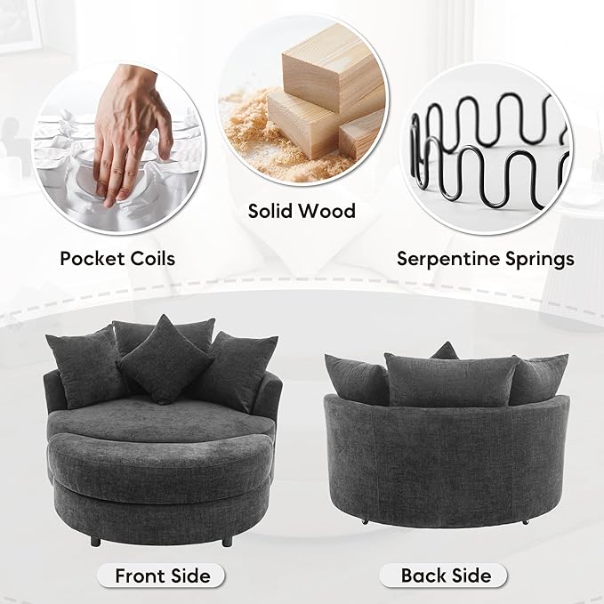 Yoglad Oversized Round Swivel Accent Chair - Modern 360 Degree Barrel Chairs with Storage Ottoman, for Living Room, Bedroom(Chenille- Gray)