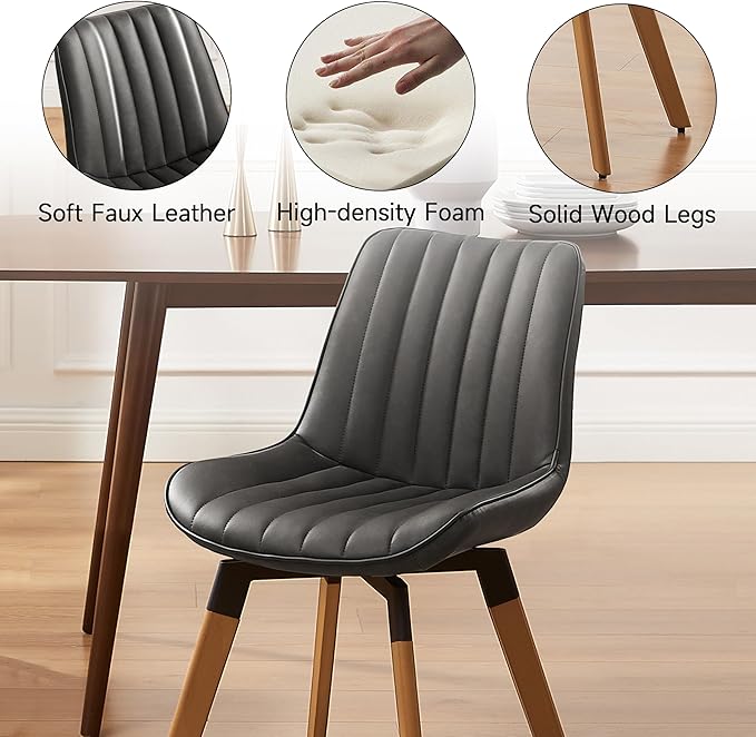 Art Leon Dining Chairs Set of 4, Mid Century Modern Swivel Kitchen Dining Room Chairs, Upholstered Faux Leather Armless Side Chairs with Wood Legs for Living Room Bedroom, Dark Gray