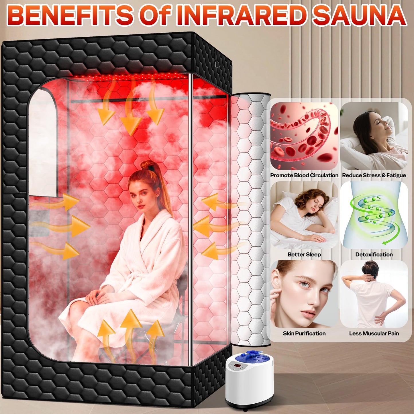 bsdonte Portable Sauna for Home, Infrared Sauna, Upgraded 160 LEDs Red Light Sauna Box, Steam Saunas Tent with 3L Steamer, 15 Temp Levels & 99 Min Timer for Indoor Spa, Relaxation, Detoxification