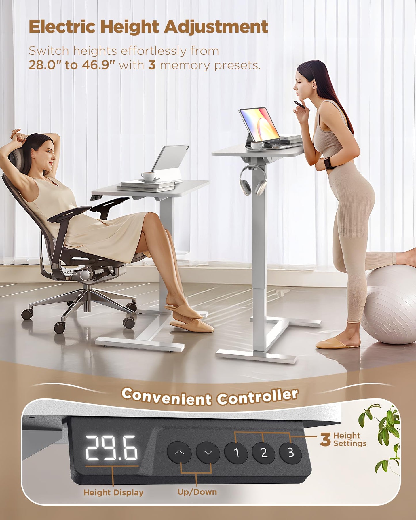 YOLEZO Overbed Bedside Table with Wheels, Electric Standing Desk Adjustable Height, Small Computer Desk for Home Office, Rolling Laptop Desk for Bed, Sofa, or Hospital Use (24"x16",White)