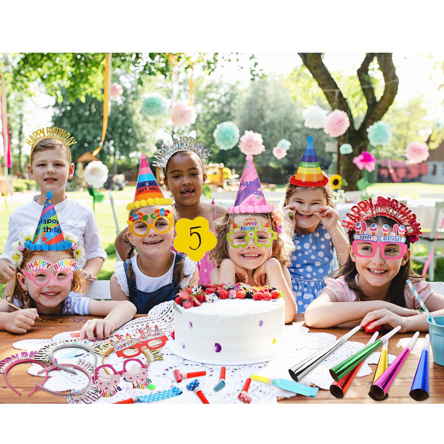 Sratte 36 Pcs Birthday Party Favors Set, Happy Birthday Hat Headband Glasses Noise Makers Party Horns for Adults Kids(Rainbow Style)