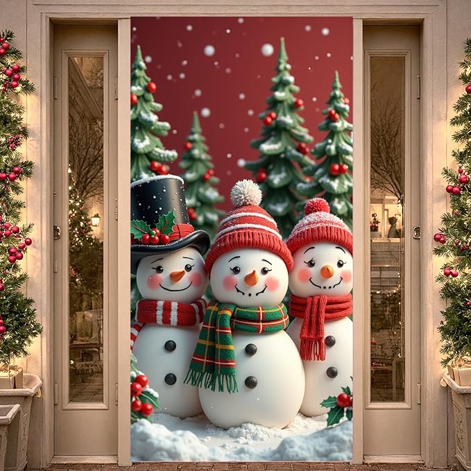 Christmas Door Cover Decorations Snowman Christmas Door Banner Sign Snowman Xmas Tree Snowflake Door Hanging Wall Banner P...