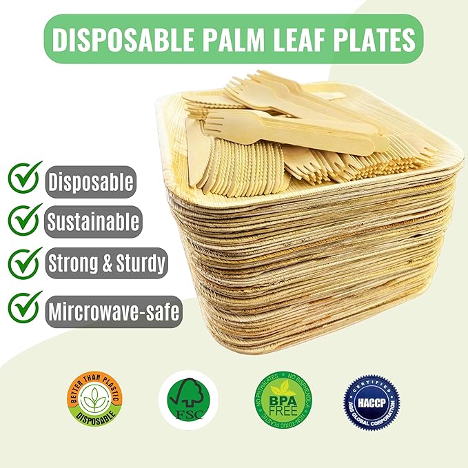 Palm Leaf Plates 10 Inch – 50 Pack Palm Plates with 50 Wooden Forks & 50 Knives – Bamboo Plates Disposable and Bamboo Dinner Plates for Weddings, Parties, Holidays, Christmas & New Year