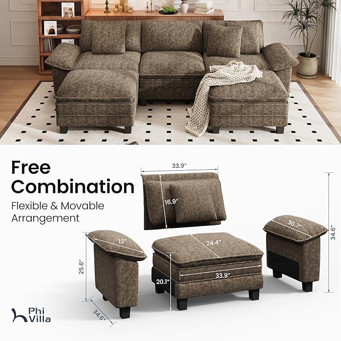 PHI VILLA Cloud Modular Couch Sets, 123.6" Sectional Sofa with U-Shaped Chaise, 5-Seater Couches with 2 Movable Ottomans for Living Room, Chenille Fabric, Taupe