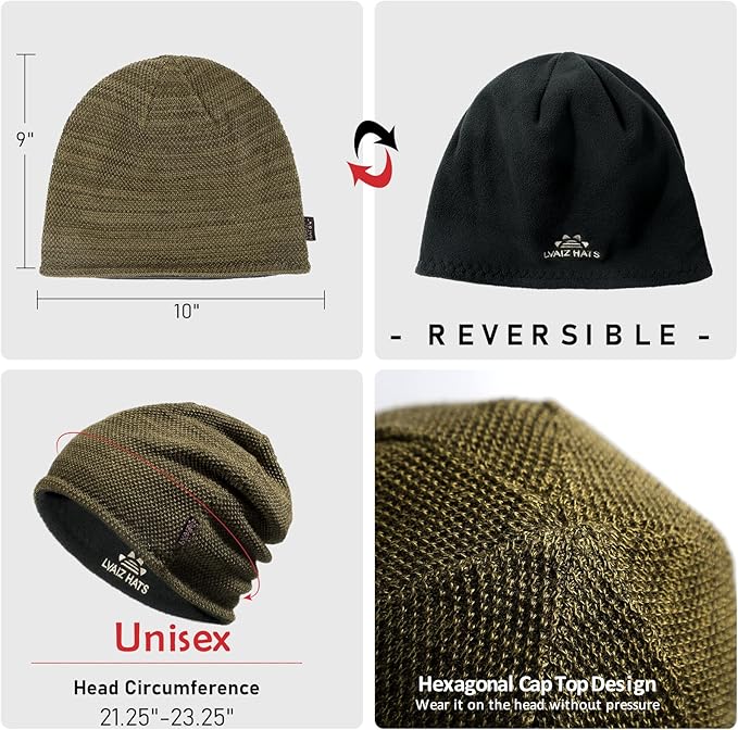 Lvaiz Mens Winter Beanie Hat Warm Fleece Lined Skull Cap for Men Reversible Women Windproof Watch Hat Knit Warm Unisex Beanie