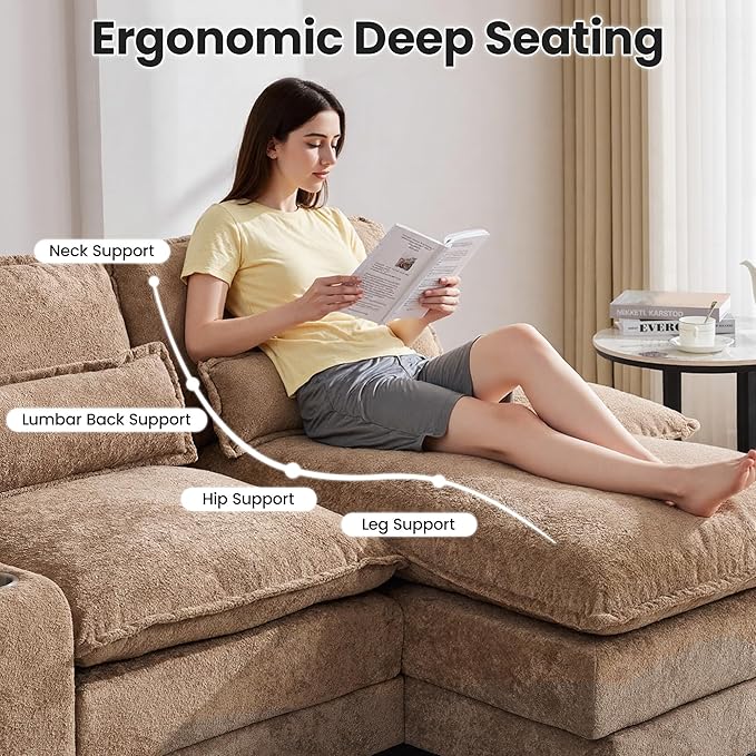 125" U Shaped Cloud Modular Sectional Couch for Living Room, Small Comfy Sherpa Sofa with Double Chaise Lounge, Storage Central Console, Cup Holders, USB Port, Camel