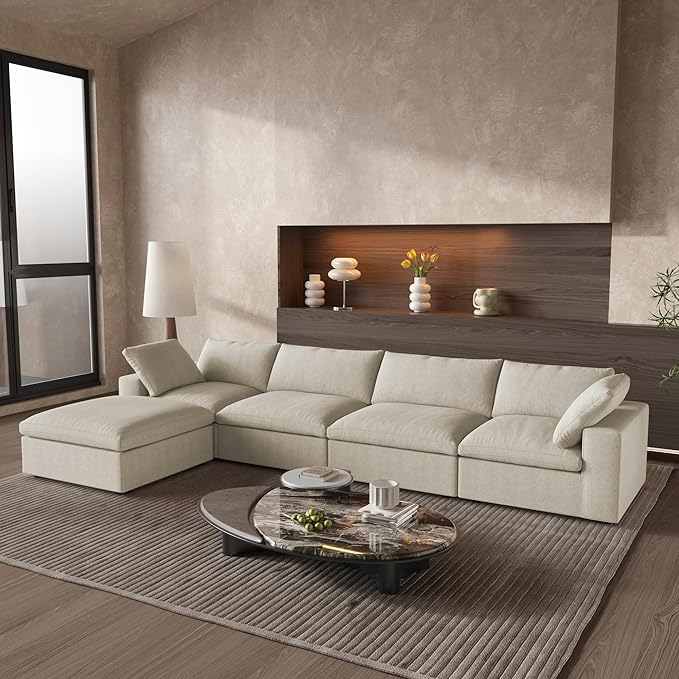 Cloud Couch Modular Sectional Sofa with Storage Ottoman,160.6" L Shaped Couch for Living Room,Down Filled 5 Seater Convertible Sectional Sofas,Covers Washable&Replaceable (Khaki)