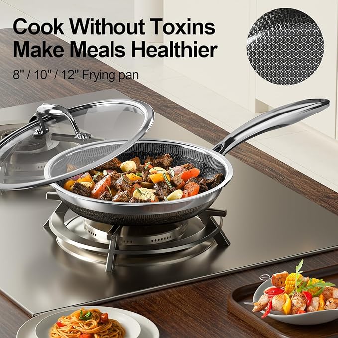 FogDream 12 Inch Non Stick Frying Pans, Stainless Steel Skillet with Tempered Glass Lid Tri-Ply Stainless Steel for All Cooktops, Dishwasher & Oven-Safe Cooking Pan, Stay-Cool Handle, Silver