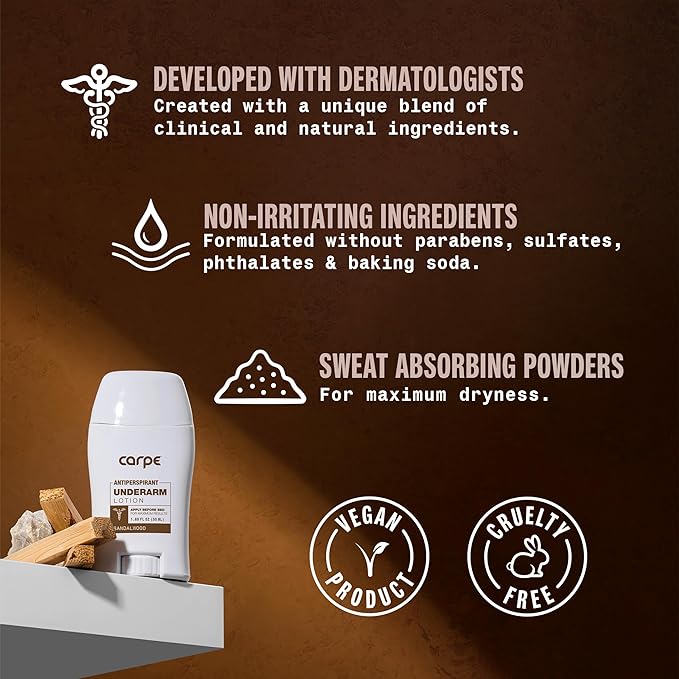 Carpe Underarm Antiperspirant Deodorant Advanced Sweat & Odor Protection Formula - Deodorant for Men & Women - Helps to Combat Excessive Sweating with Odor Control - Sandalwood (Pack of 2)