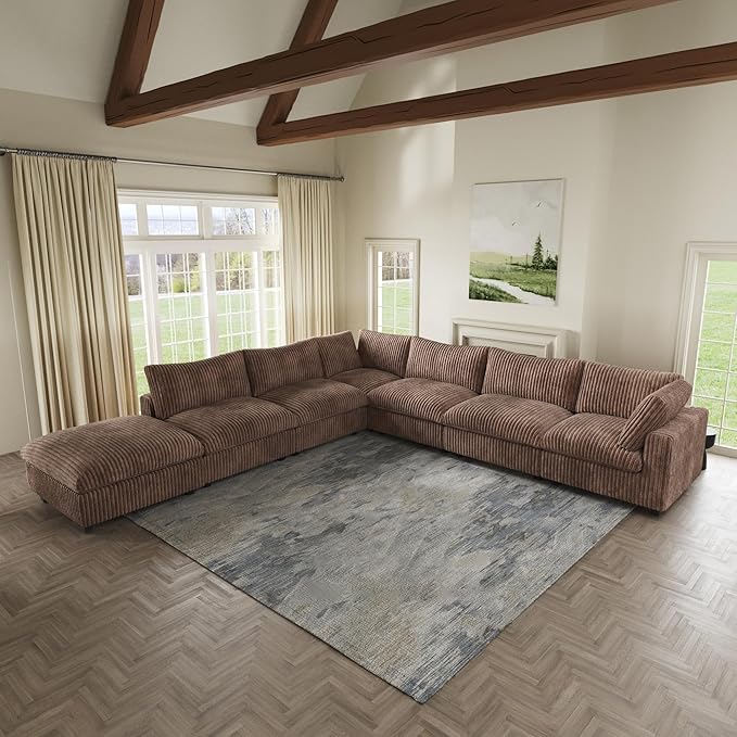 Cloud Modular Sectional Sofa,157" Oversized 7 Seater Sofa,V Shaped Couch with Storage Ottoman,Plush Sofas for Living Room,Comfy Couch with Chaise,Covers Washable&Replaceable (Brown)