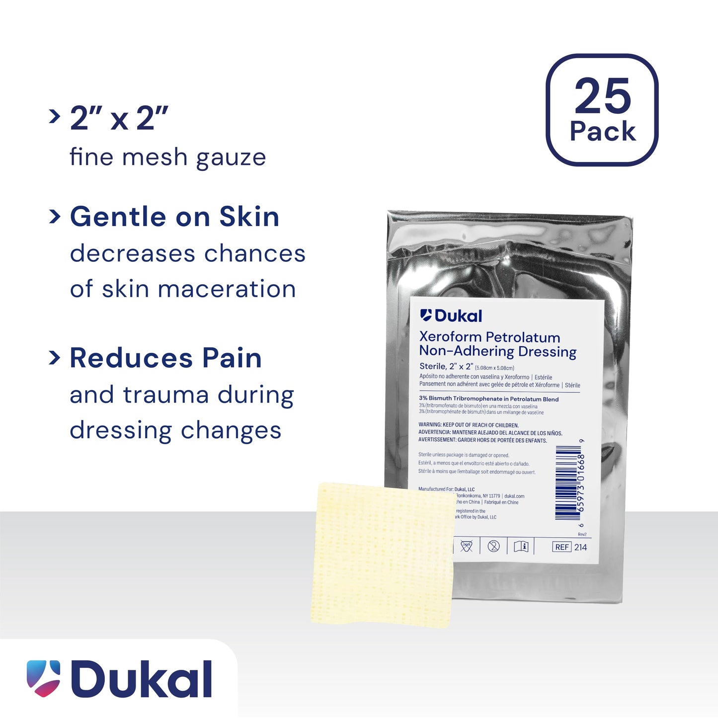 Dukal 214 Xeroform Petrolatum Gauze, Sterile, 2" W x 2" L (Pack of 25)