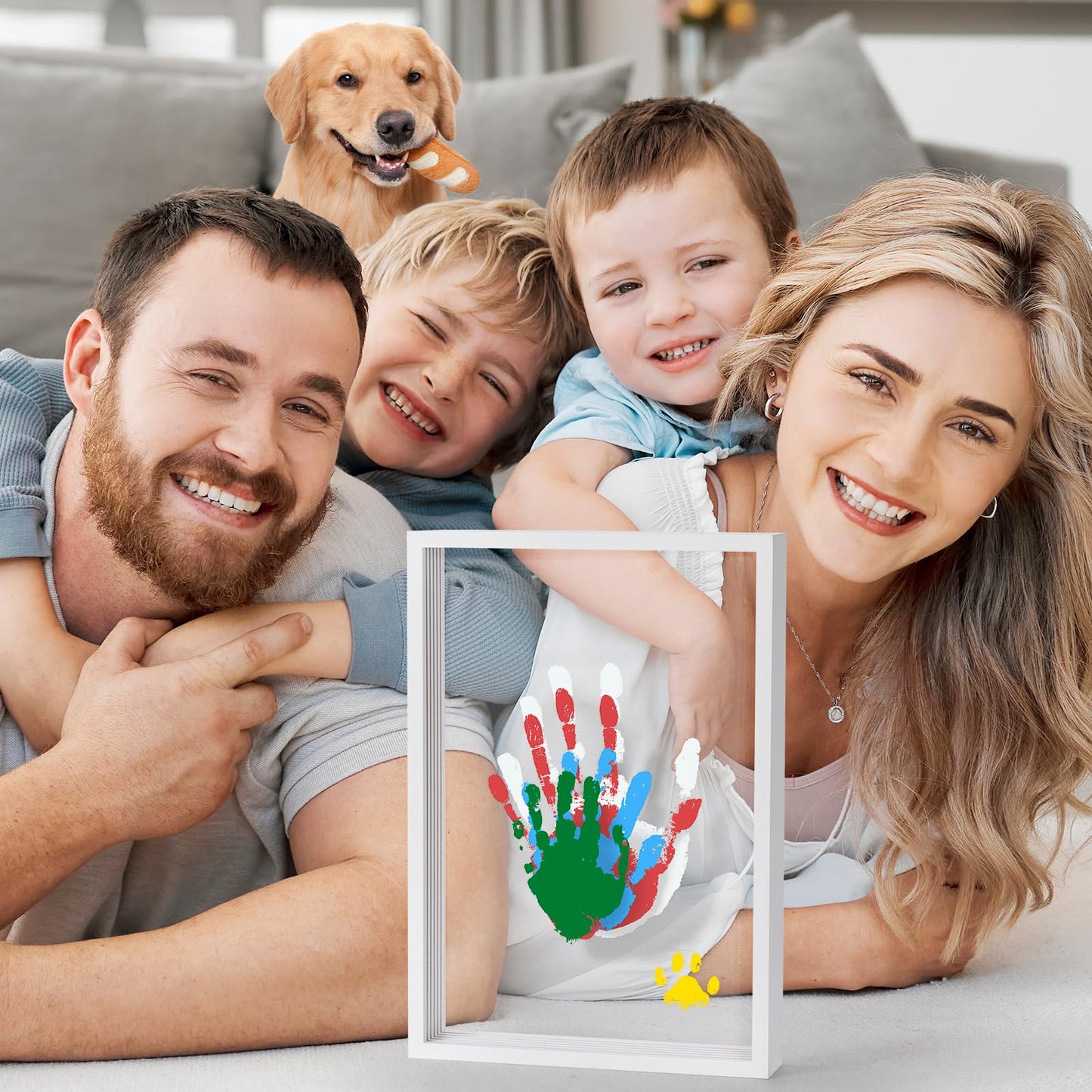Family Handprint Kit - DIY Handmade Keepsake Wooden Frame - Family Gifts, Adoption Gifts, Gift for New and Expecting Parents- Includes 5 Paint Colors (White)