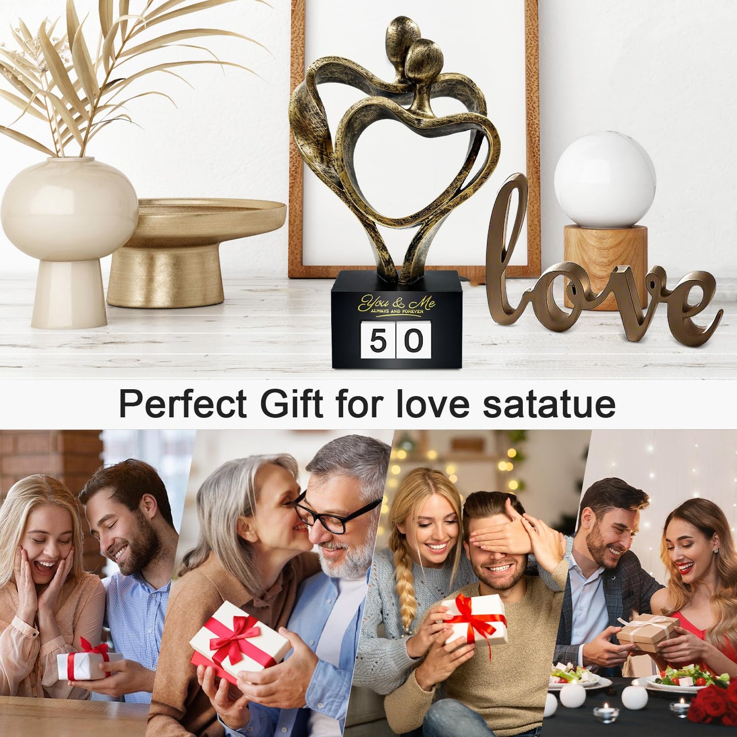 Anniversary Wedding Gifts for Couple Parents Wife Husband(1-99 Years) , Romantic Heart Decoration Couple Sculpture Love Statue for Her and Him, Anniversary Weddings Valentine's Gifts Home Decor(S)