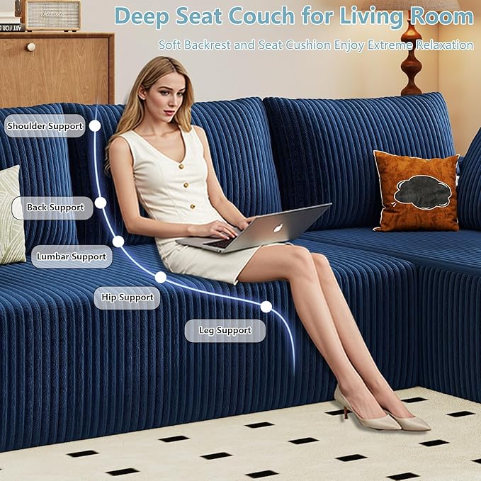 96" Cloud Sectional Couch with L-Shape Chaise, Modern Corduroy Boneless Couch for Living Room,Memory Foam Sofa with Deep Seat,No Assembly Required (Blue,Right-Facing Chaise)