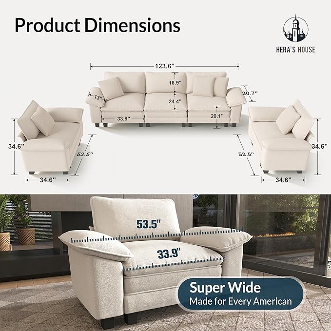 HERA'S HOUSE 3 Pieces Modular Sectional Sofa Sets, Oversized Couch Set with Loveseat and Armchairs, Comfy Cloud Couches with Throw Pillows, 5-Seater Deep Seat Sofa for Living Room, Chenille Beige