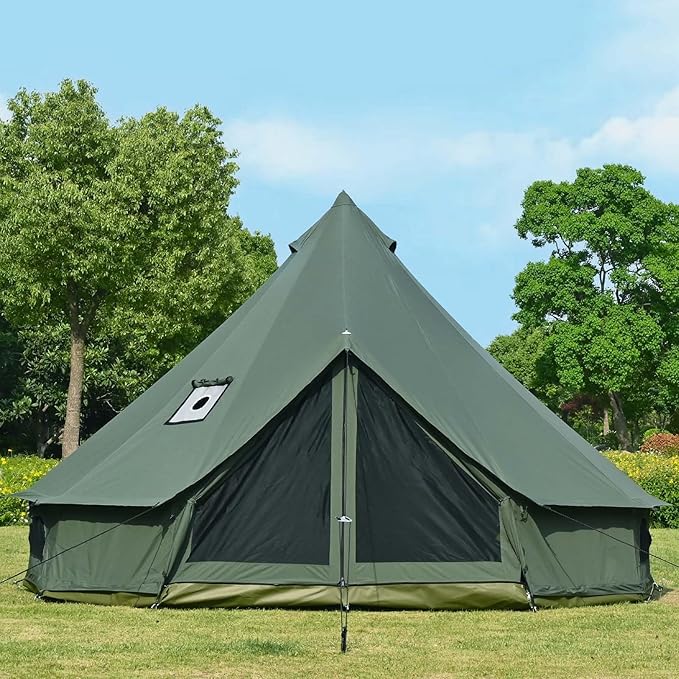 WaldZimmer Cotton Canvas Bell Tent with Stove Jack, Roomy Yurt for Family Glamping Camping, 4 Season Tent with Zipped Remo...