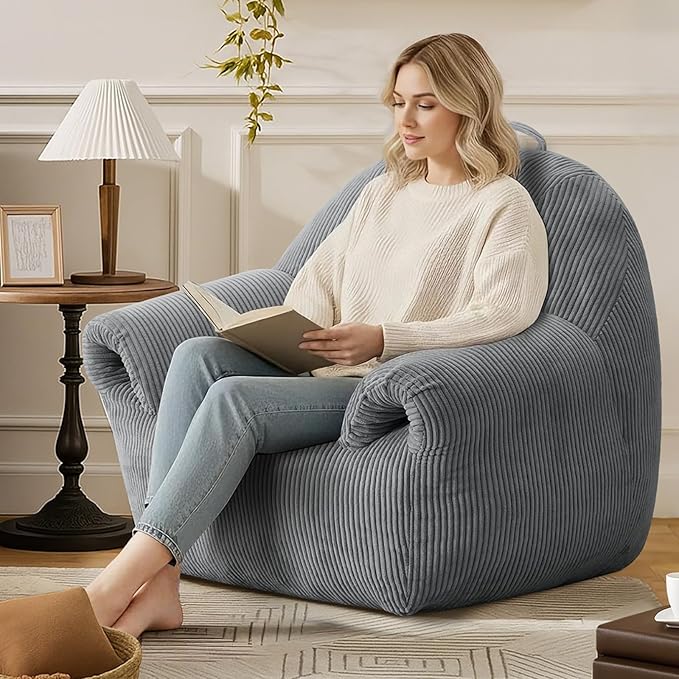 Peace nest Bean Bag Chair with Memory Foam Filled Ultra Soft Corduroy Cover for Adults Comfy Fur Bean Bag Chairs with Armrests for Bedroom Living Room Office Dorm Reading Grey