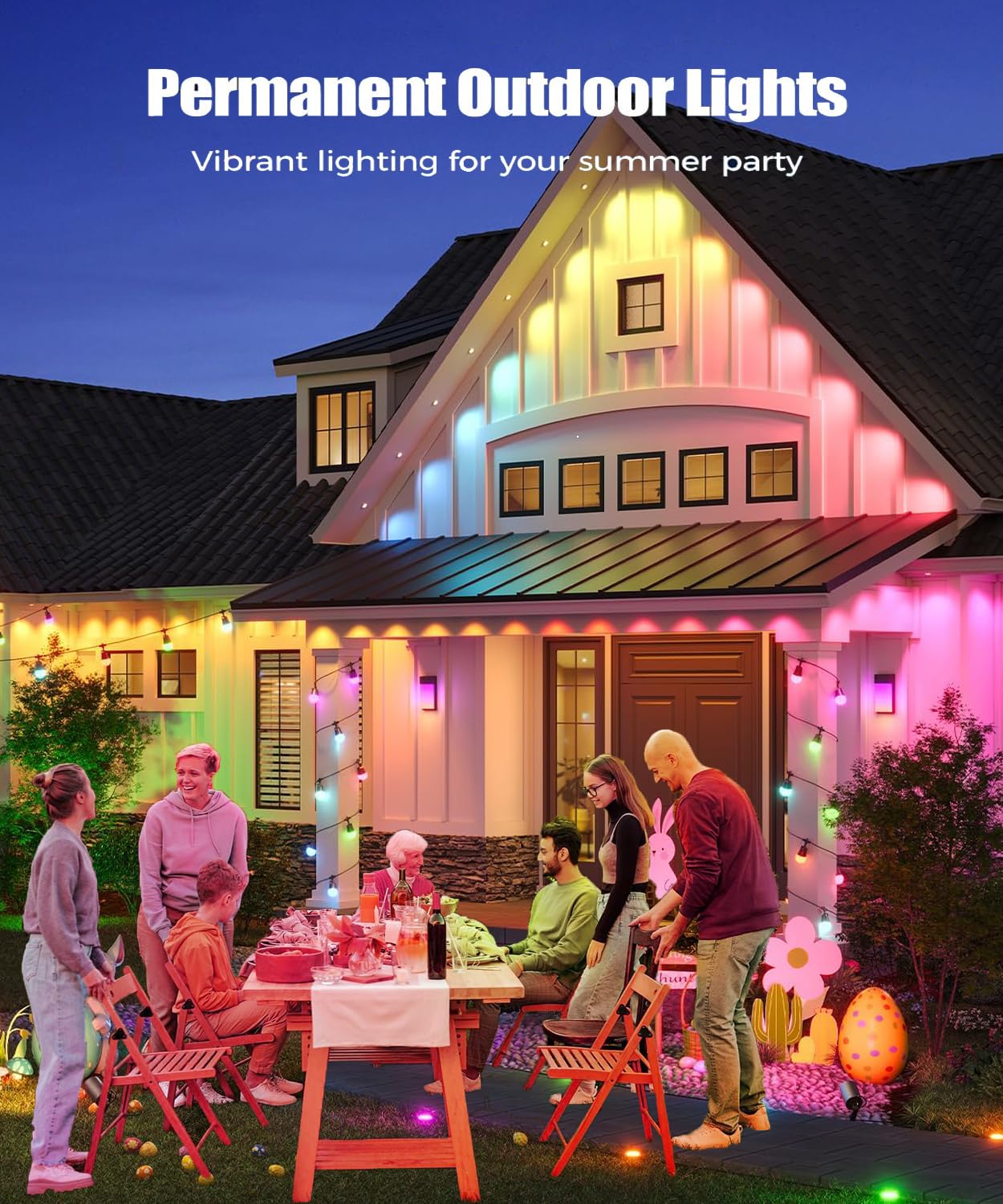 Permanent Outdoor Lights for House,100ft RGB+IC Smart Outdoor Decor,DIY Scene Modes, App/Remote Control,IP67 Waterproof, for Christmas,Holiday, Daily & Pool Party Decor, House Roof Lighting
