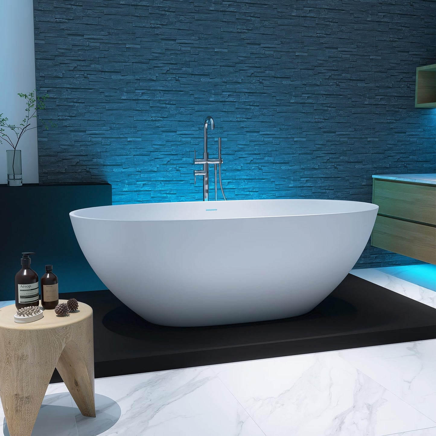 MEDUNJESS 65'' Freestanding Bathtub Resin Stone Soaking Freestanding Tubs Matte Solid Surface Flatbottom Tub with Overflow and Pop-up Drain - White…