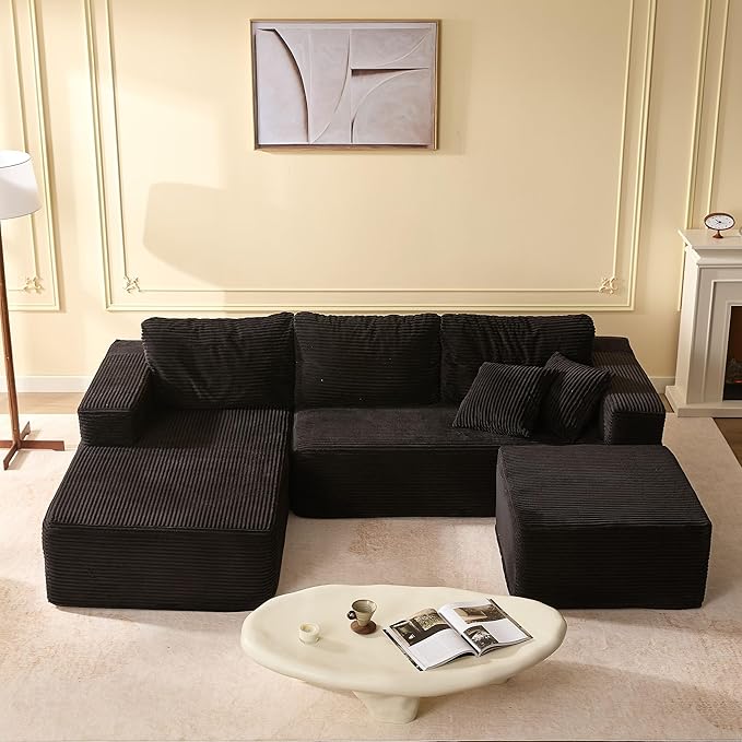 Afuson 107" Boneless Couch with Deep Seat, Modular Sectional Sofa, Cloud Sectional Couch for Living Room, No Assembly Required, Corduroy, U-Shape 3 Seater Left, Black