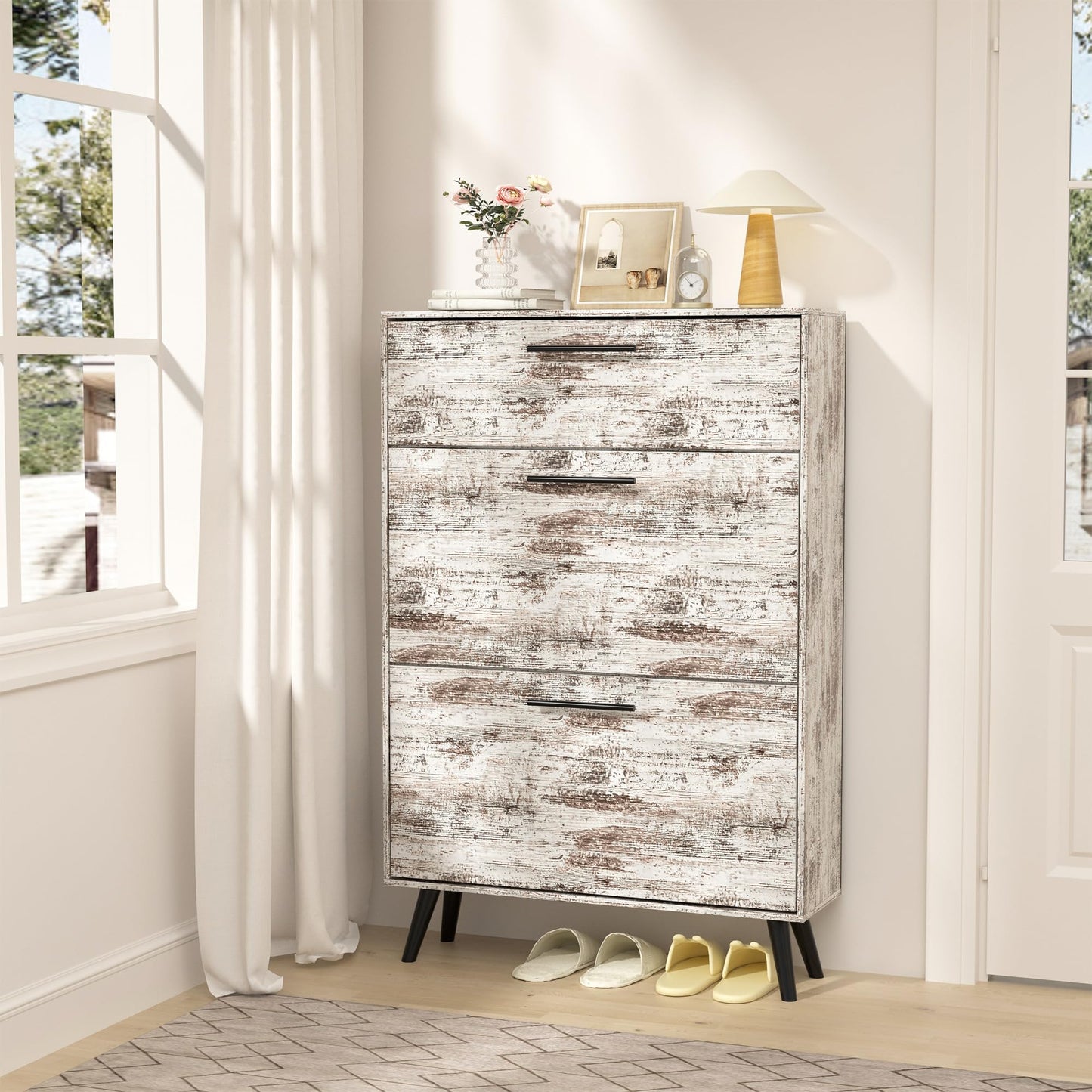 IdeaKey Narrow Shoe Storage Cabinet for Entryway with 2 Flip Drawers, 3 Tier Farmhouse Freestanding Shoe Cabinet Slim Wood Shoe Organizer Closed Shoe Rack for Hallway, Foyer, Rustic White