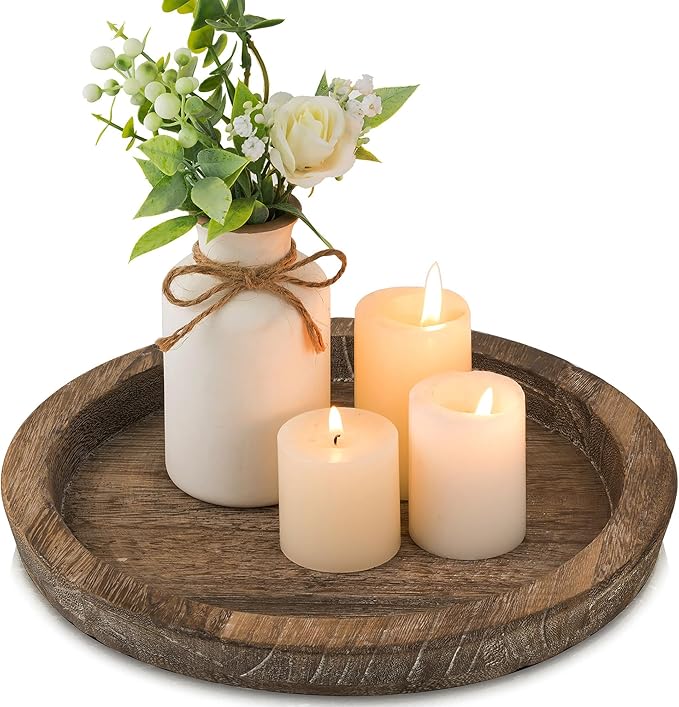 Hanobe Candle Plate Holder Tray: Round Wood Decorative Candle Plate Decor Farmhouse Table Centerpiece Rustic Wood Tealight...