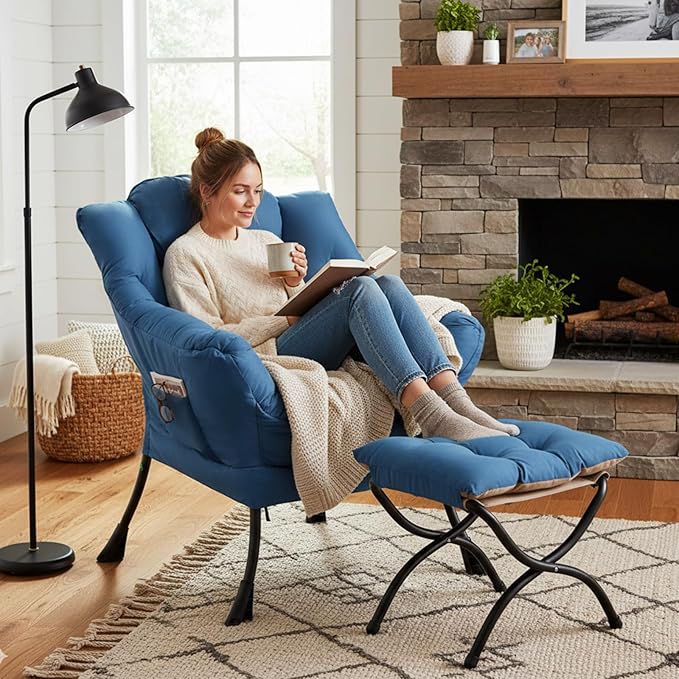 Furlide Lazy Chair with Ottoman, Modern Lounge Chair with Lumbar Pillow, Accent Cozy Reading Armchair and Folding Footstool for Bedroom, Dorm, Living Room,Peacock Blue