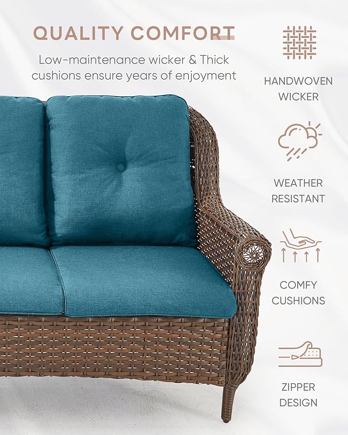 ACTREST Patio Couch Outdoor Wicker Sofa - Heavy Duty All-Weather Brown Rattan 3-Seater with High Back and Comfortable Thick Cushions for Garden Back Porch Poolside Apartment - Peacock Blue