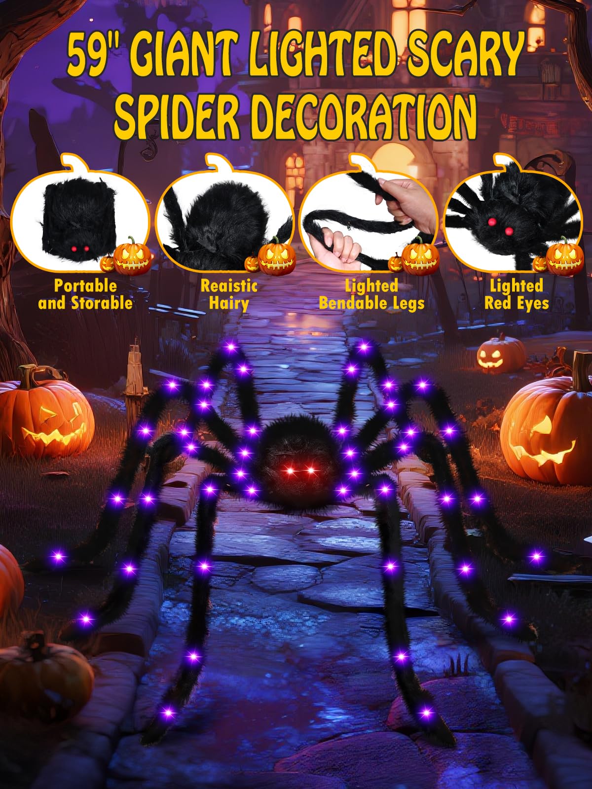 Halloween Decorations 4.9 FT Giant Spider 38LED Light up Black Hairy Scary Fake Spider with Red Lighted Eyes Battery Operated Party Haunted Yard House Indoor Outdoor Decor, Black
