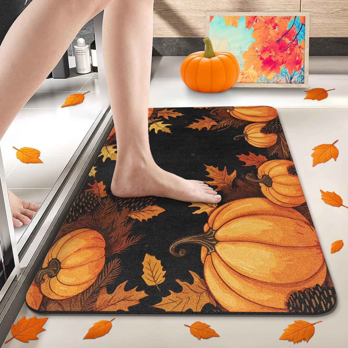 Nesphy Autumn Leaves Pumpkin Bath Mat for Bathroom, Fall Thanksgiving Quick Dry and Super Absorbent Bath Mat Rug, Non Slip Rubber Backing Floor Rug 17x30 Inches for Kitchen Bedroom Indoor