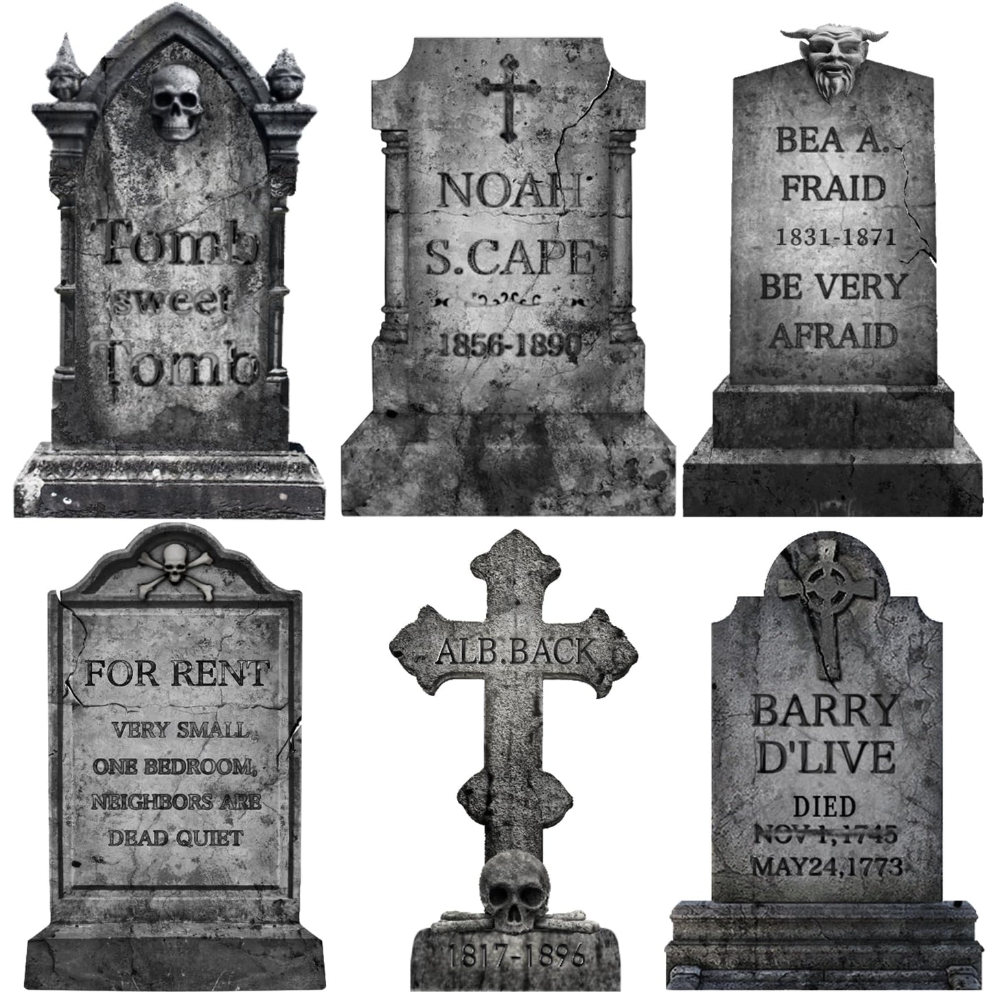 Funny Halloween Graveyard Tombstones Prop Yard Stakes Signs 6 Styles Puns Cardboard Headstones for Cemetery Halloween 17in RIP Graveyard Tombstones Outdoor Props Yard Decorations with Stakes