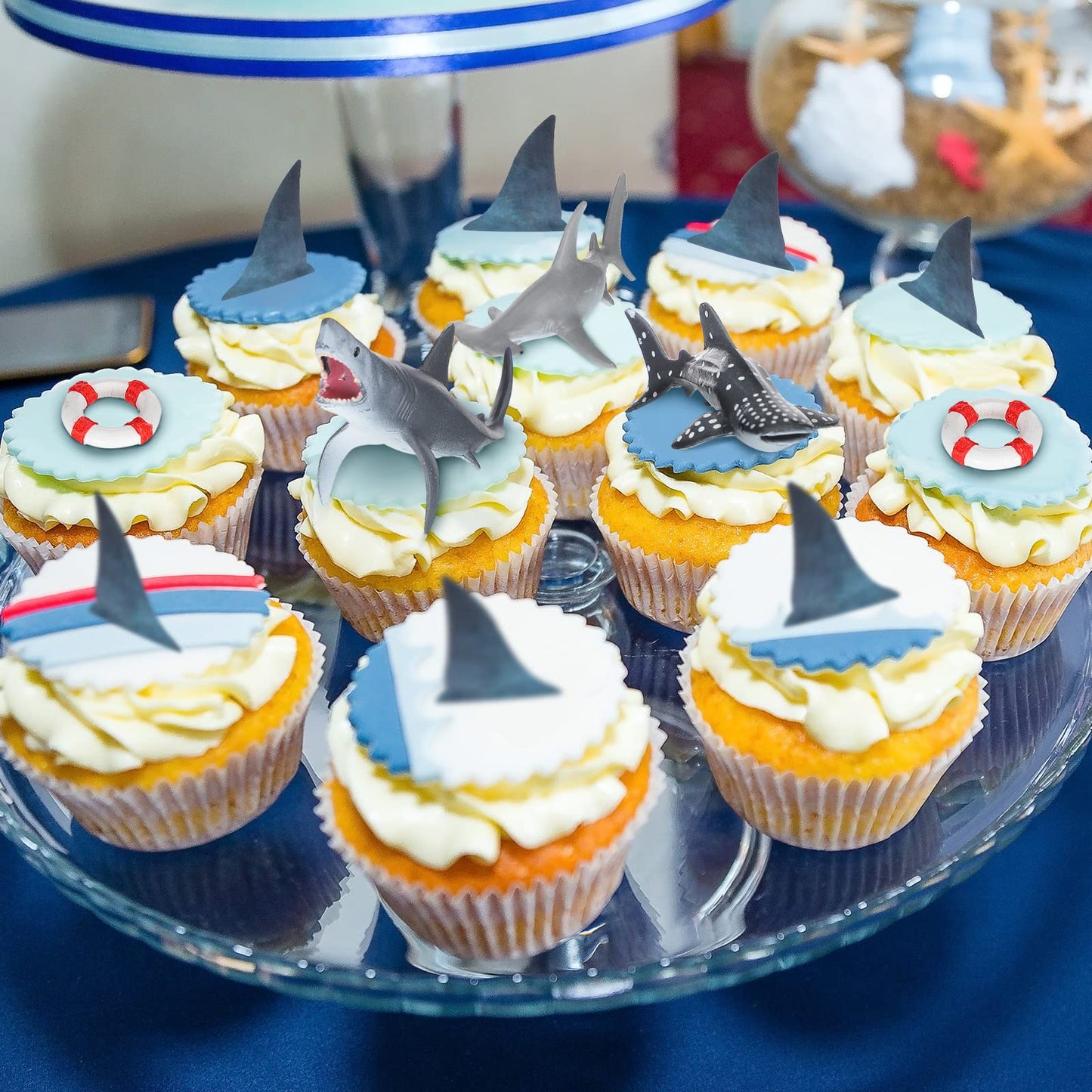 Geyee 18 Pack Shark Cake Toppers for Attack Sea Creatures Decor Shark Figurines Decorations Ocean Theme Cupcake Picks for Birthday Shower Party Favors Supplies